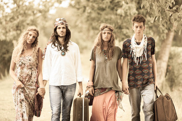 Hippie Group Walking on a Countryside Road
