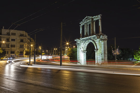 Adrianou Gate by night in Athens Greece