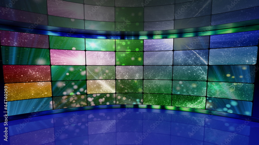 Aufkleber sparkles on screens in virtual studio background loop