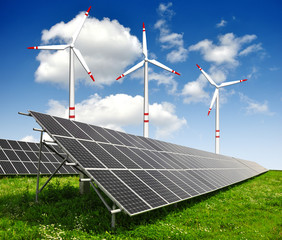 solar energy panels and wind turbine
