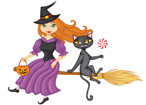 Witch and a cat on a broom