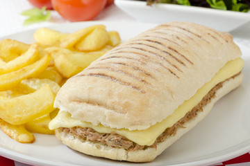 Tuna Melt - Cheese and tuna panini served with salad and chips.