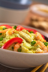 Rice dish with cabbage, chicken, shrimp, tomato, scallion