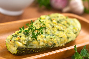Baked Zucchini Stuffed with Herbs, Potato and Cheese