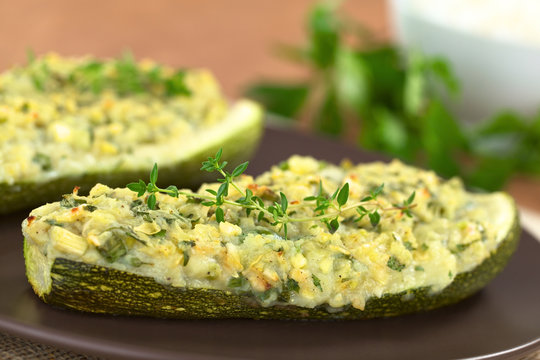 Baked Zucchini Stuffed with Herbs, Potato and Cheese