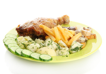 Roast chicken with potatoes, and cucumbers