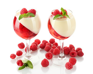 fruit jelly with raspberries in glasses isolated on white