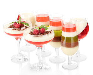 fruit jelly with chocolate and pberries in glasses isolated