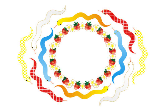 2013年巳年年賀状用イラスト素材（蛇と苺の輪）枠白地