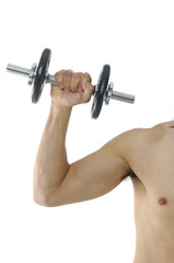 Healthy man hard workout of biceps in gym