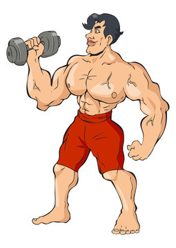 Cartoon illustration of a muscular man holding a dumbbell