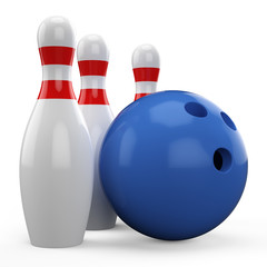 3D blue bowling ball and pin isolated on white background