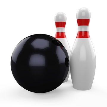 3D black bowling ball and pin isolated on white background