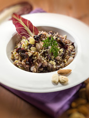 risotto with chicory and almond, selective focus