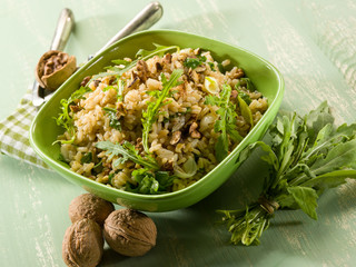 risotto with arugula and nuts, vegetarian food
