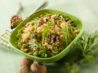 risotto with arugula and nuts,  selective focus