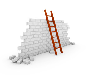 3D Brick Wall With A Red Ladder