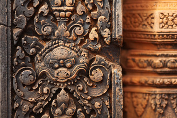 Detail of bas-relief carving at temple column, Angkor Wat