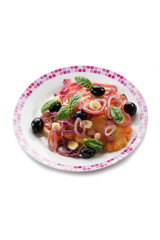salad with ox heart tomatoes, onions olives and garlic
