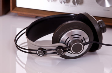 Headphones connected to audio stereo devices