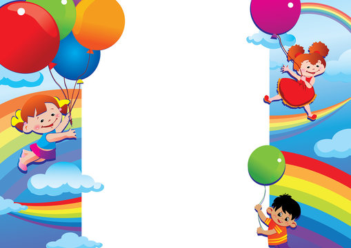 Children flying on balloons. Place for your text.