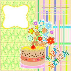 happy birthday greeting card with flower and cupcake vector