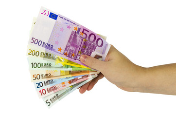 Hand hält Fächer mit Eurobanknoten von 5 bis 5