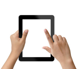 Hand woman holding and touching on tablet-pc