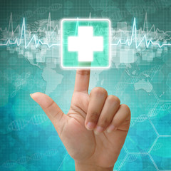 Hand press on First Aid Symbol , medical background