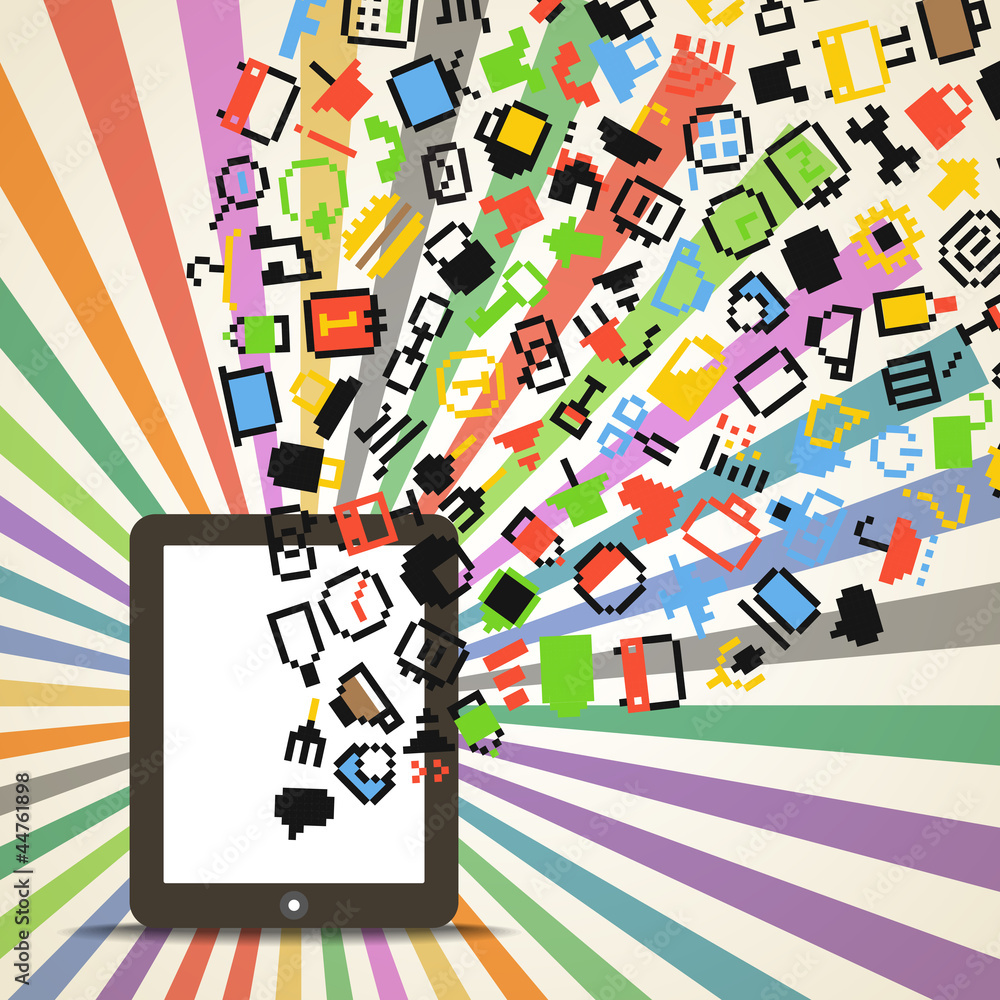Poster abstract media icons falling down to the glowing pocket computer