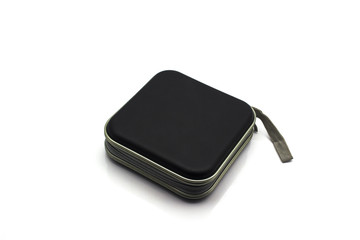 Unzipped compact disk storage bag on white background