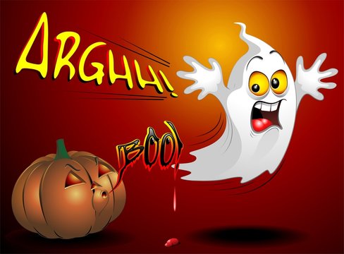 Funny Ghost and Pumpkin Halloween Cartoon Fantasma e Zucca