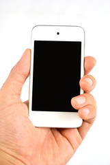 Hand holding white mobile smart phone with blank screen
