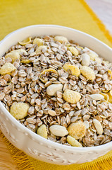Bowl with cereals for breakfast, close-up