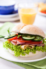 Sandwich with vegetables, cheese and ham on a plate