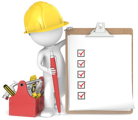 3D little human character the Builder holding a clipboard.