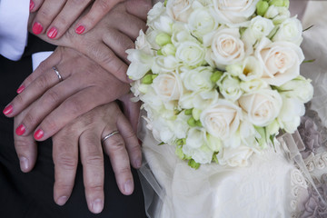 Obraz na płótnie Canvas Hands bride and groom with rings.