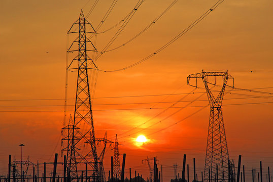 Ravenna, transmission lines at sunset.