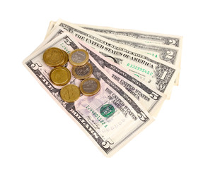 Fototapeta premium Dollar bills and coins isolated on white