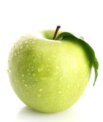 Ripe green apple with leaf isolated on white