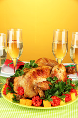 banquet table with roast chicken