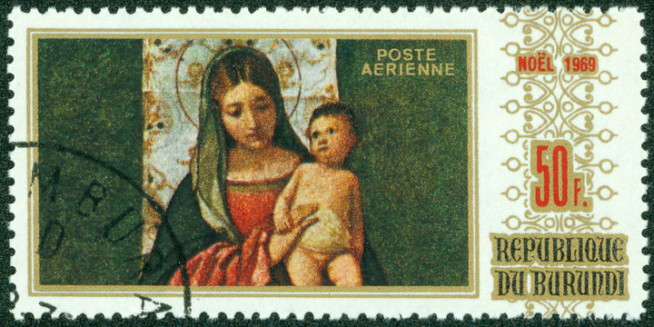 stamp printed by Burundi shows Virgin and Child series Christmas