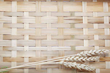 ears spike of wheat on wood texture background