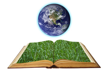 Opened old book with earth isolated on white background