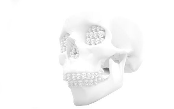 Abstract human skull with small skulls instead of teeth.