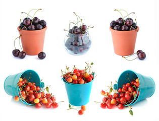 The bucket of cherries set isolated on the white