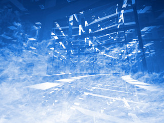 Abstract background: turning blue tunnel of lights and reflectio