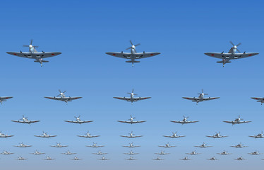 Fototapeta na wymiar Spitfire myśliwce latające nad głową. 3d illustration