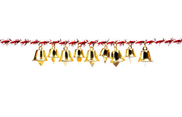 Golden bell holding ribbon rope on white background