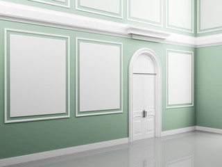 Palace interior with light green walls and white door